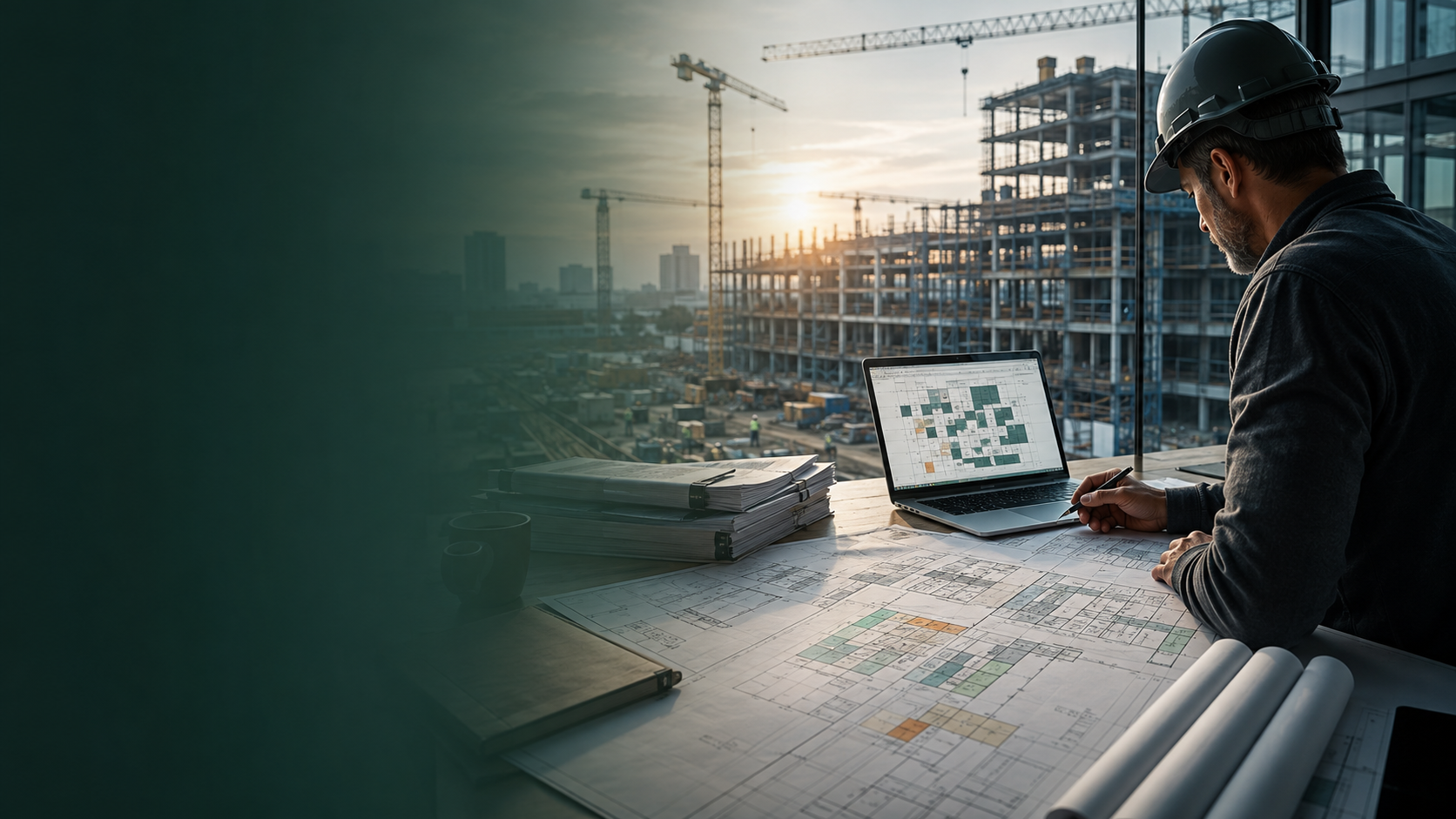 Construction professional reviewing plans with AI-assisted scope analysis