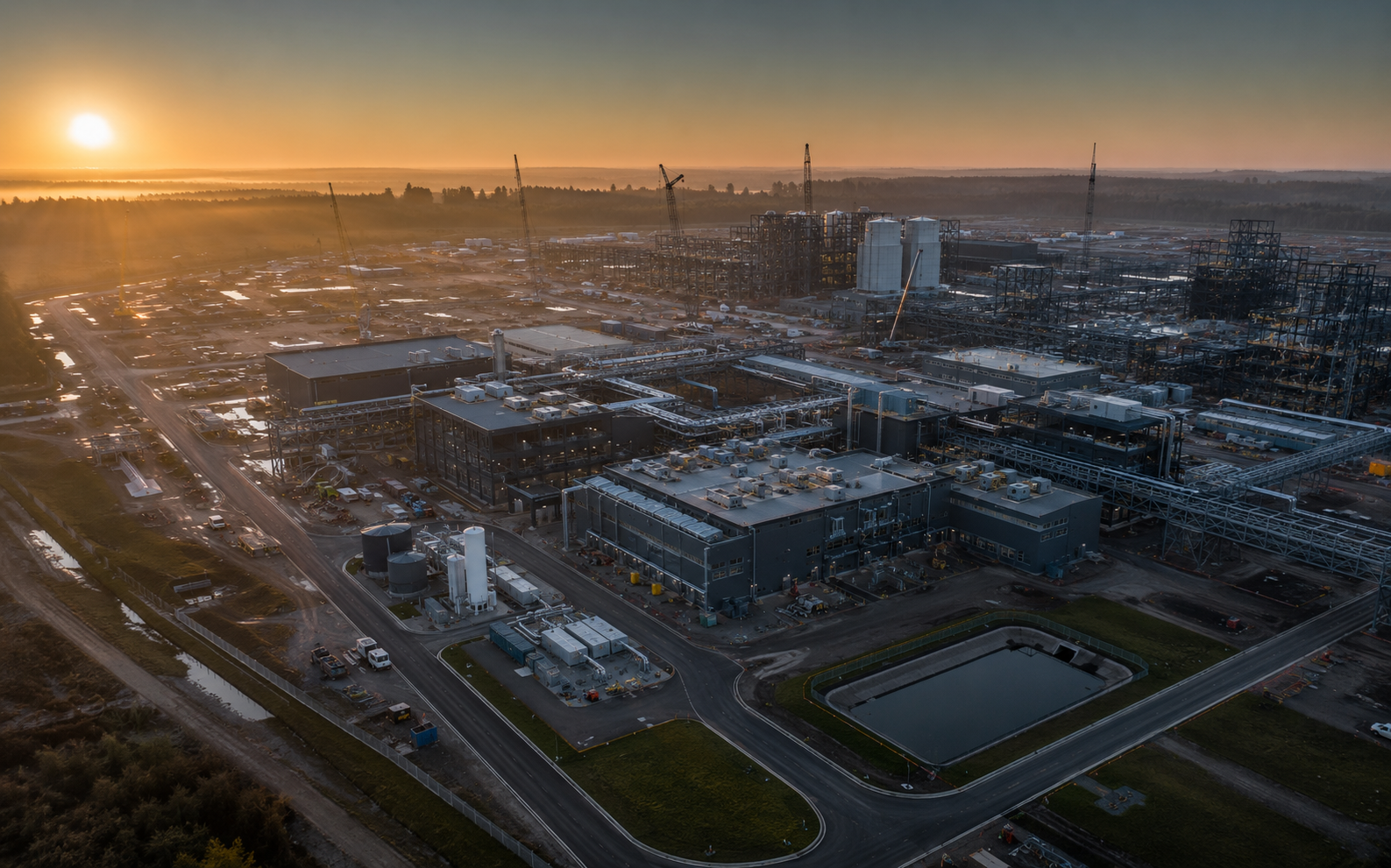Mission-critical industrial campus with power, cooling, and construction infrastructure